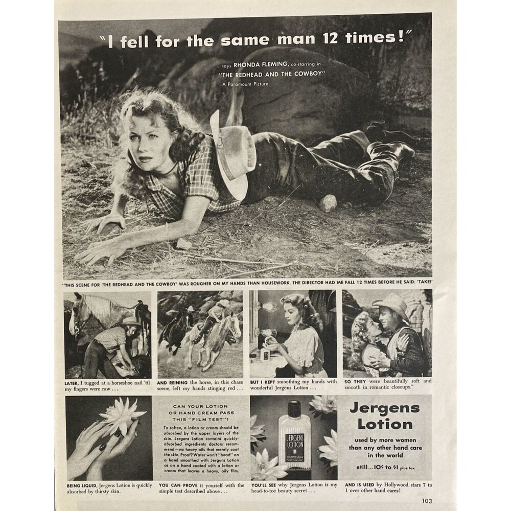 Jergens Lotion Rhonda Fleming "The Redhead & the Cowboy" Recommends Print Ad '51